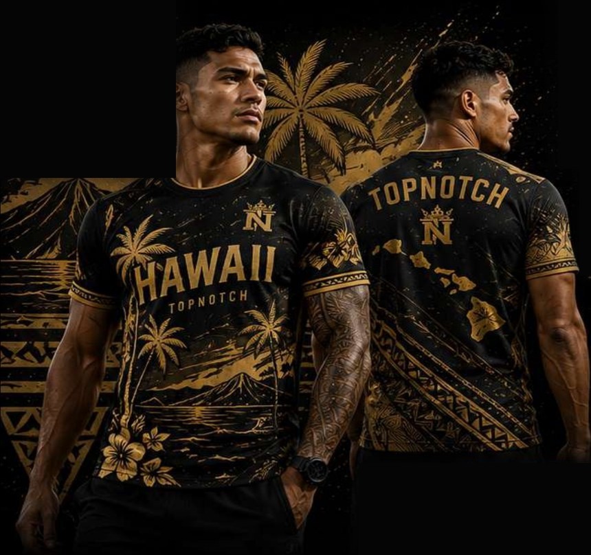 Two models in black and gold Top Notch Sports Hawaiian tribal t-shirts, front and back view