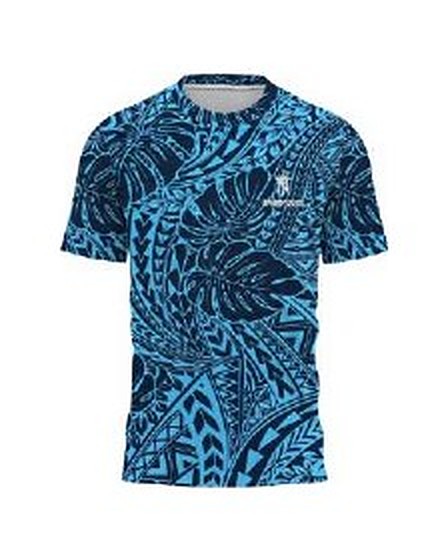 The same tribal tee design in the catalog blue colorway